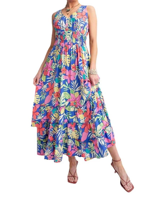 Women's Stylish Outdoor Outfit Tropical Print Peach Blossom Maxi Dress In Peri Blue