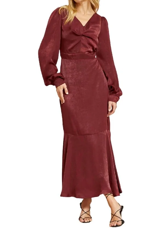 Fashionable Women's Clothes Satin Maxi Dress With Ruffled Skirt In Ruby