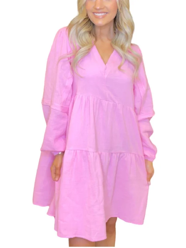 High-Fashion Women's Clothing Long Sleeve Tiered Dress In Pink
