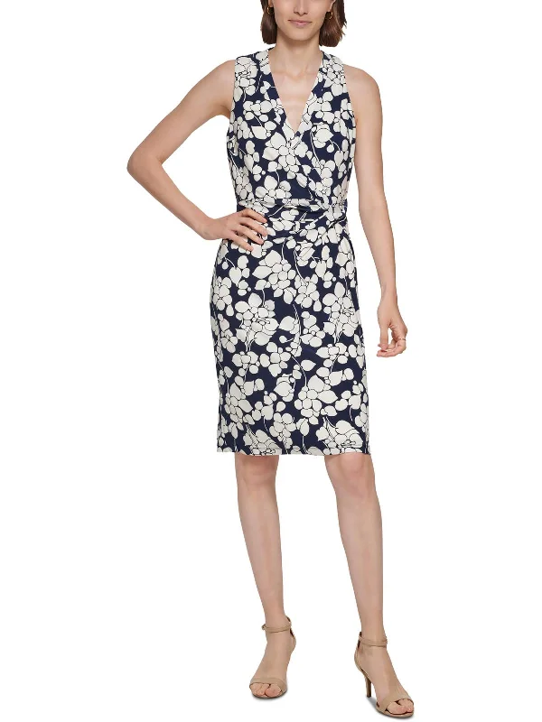 Seasonal Women's Fashion Trends Petites Womens Floral Print Surplice Sheath Dress