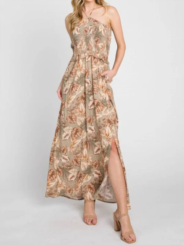 Flash Discount Halter Neck Smocked Maxi Dress In Olive Multi