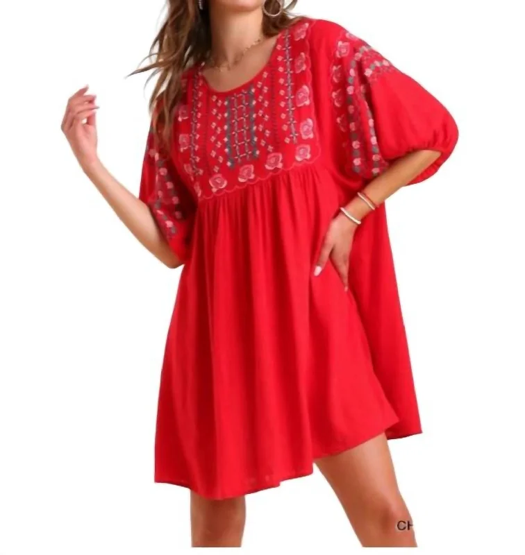 Everyday Women's Fashion Trends Floral Embroidered Dress In Cherry Red