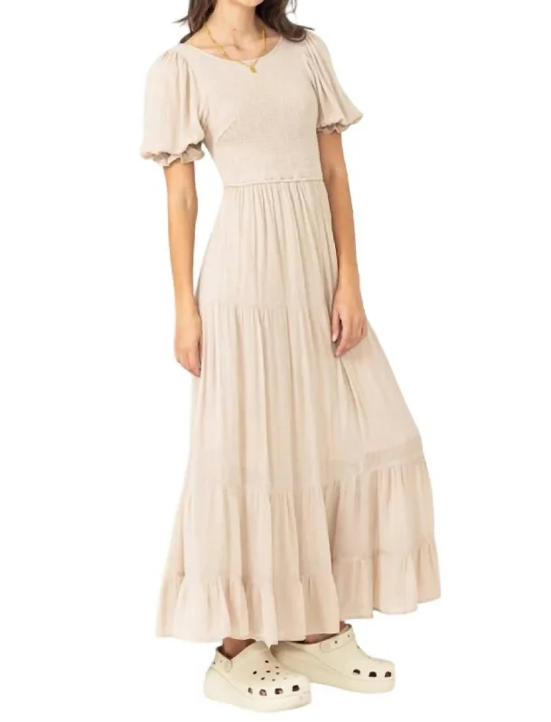 Fashionable Women's Outfit Tiered Smocked Maxi Dress In Latte