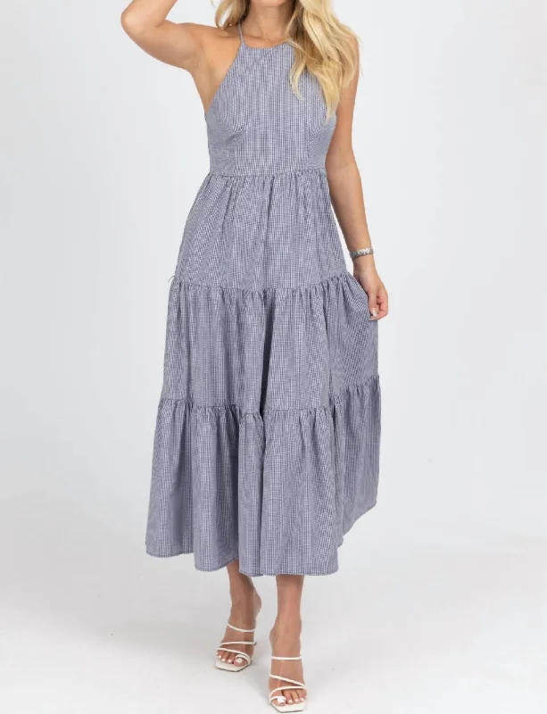 Outlet Clothing Gingham Tiered Open Back Maxi Dress In Navy