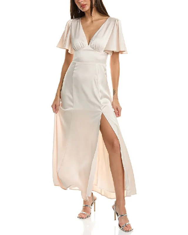 Free Spirited Fashion Dress Forum Satin Flutter Sleeve Plunging Maxi Dress