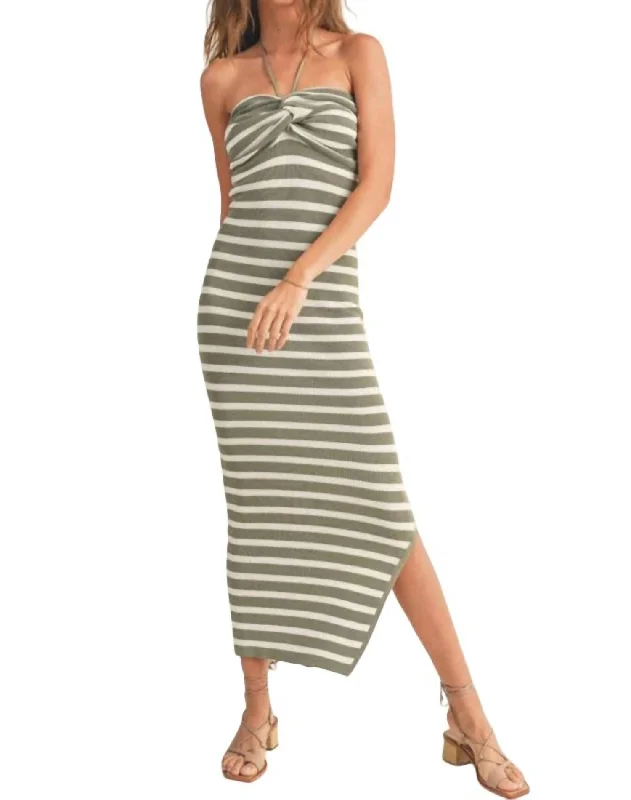 Discount Store Striped Knitted Knot Front Maxi Dress In Sage