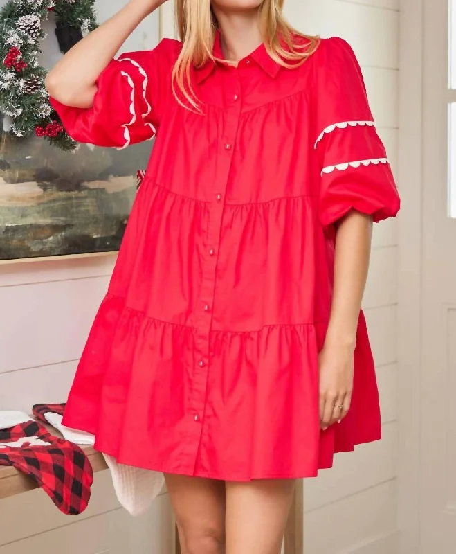 Women's Stylish Casual Garments Poplin Baby Doll Dress In Red