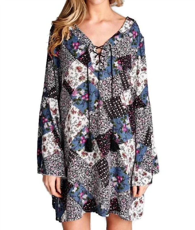 Affordable Fashion for Women Floral Patchwork Print Dress In Grey