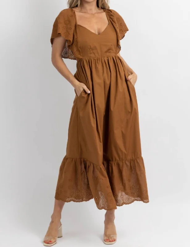 Relaxed Fit Women's Fashion Eyelet And Ruffle Pocket Maxi Dress In Cocoa