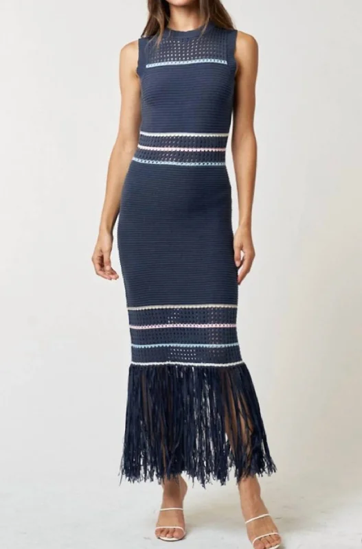 Women's High-Fashion Clothes Fringe Hem Maxi Dress In Navy