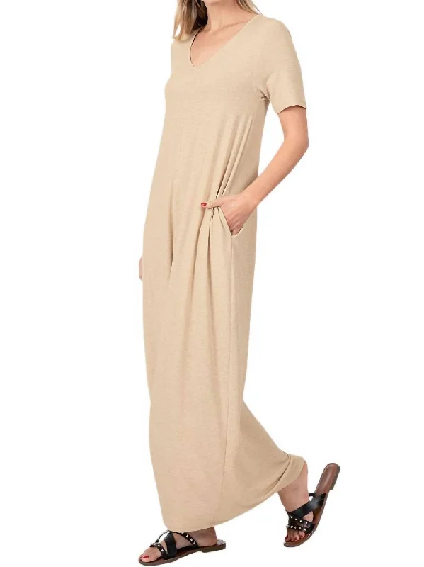 Women's Evening Wear for Special Occasions V-Neck Short Sleeve Maxi Dress In Beige