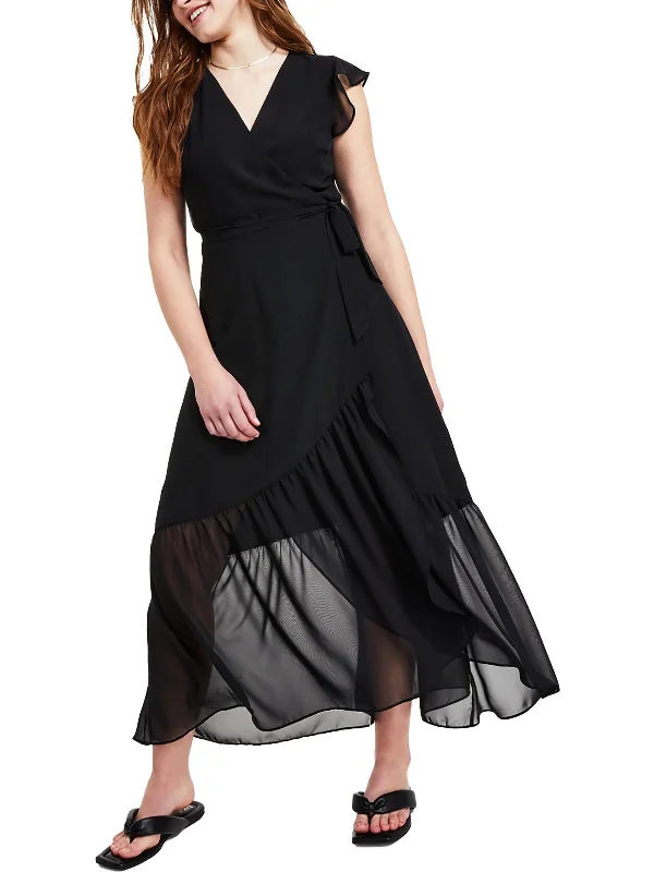 Sales Clothes Petites Womens Wrap Ruffle Sleeves Maxi Dress