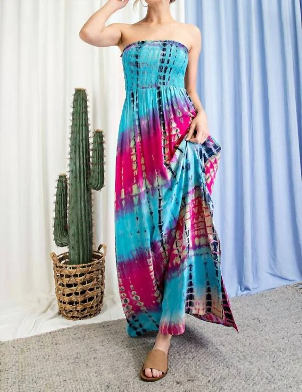 Online Boutiques Tie Dye Strapless Smocked Maxi Dress In Multi