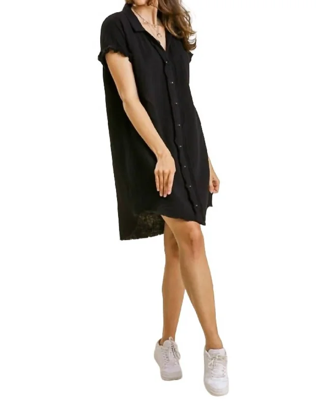 Timeless Elegance Short Sleeve Gauze Shirt Dress In Black
