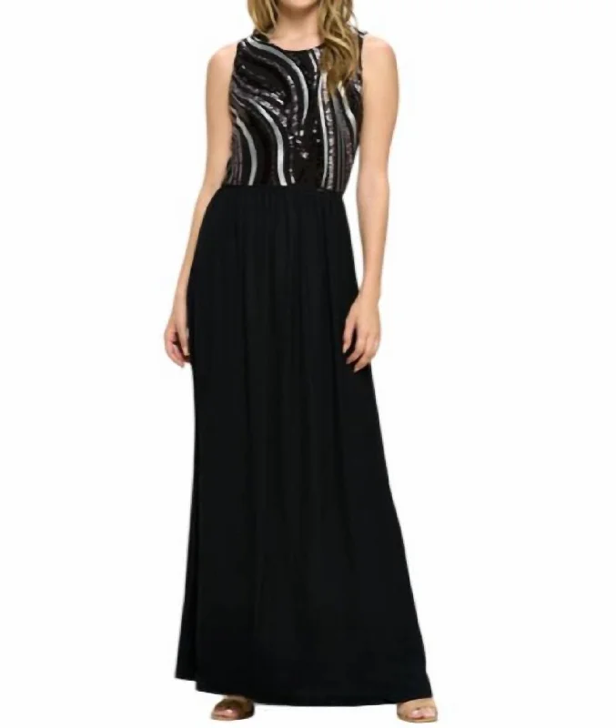 Relaxed Style Pattern Sequin Top Maxi Dress In Black/silver
