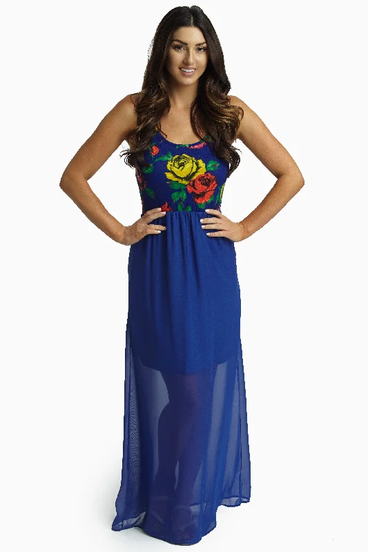 Elegant Fashion Royal Blue Chiffon Floral Top Maxi Dress