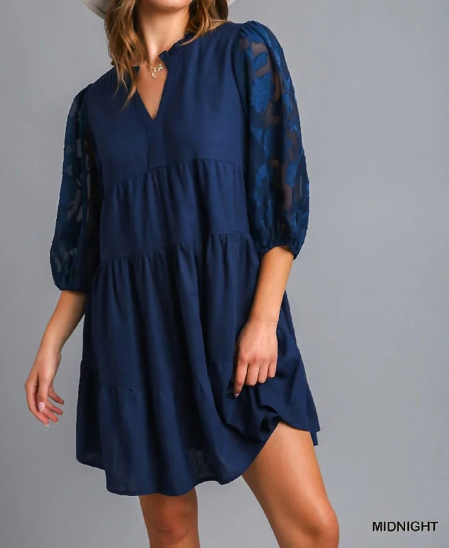 Clothing For Women Floral Contrast Sleeve Dress In Midnight