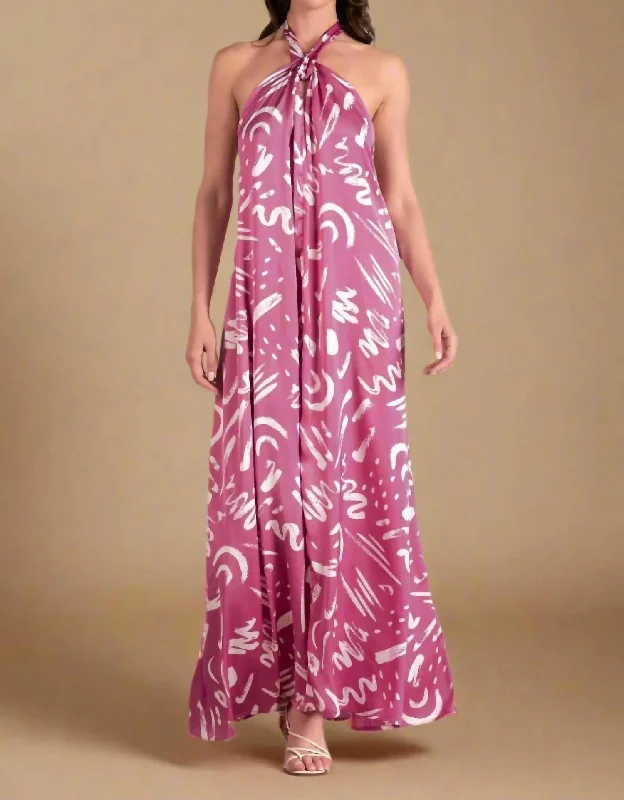 Elegant Women's Clothing Online Silky Halter Maxi Dress In Mauve Abstract
