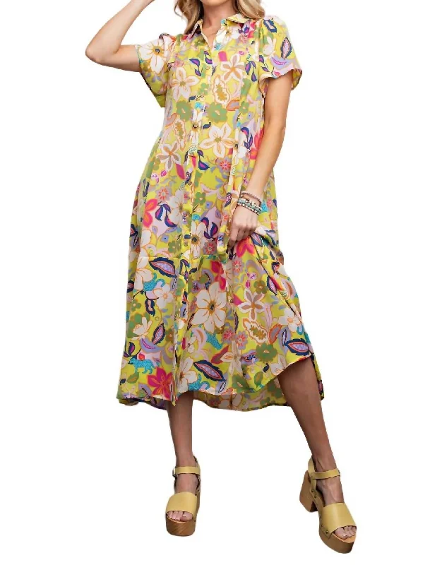 Women's Clothes And Garments Floral Print Mirabelle Satin Shirt Maxi Dress In Pineapple