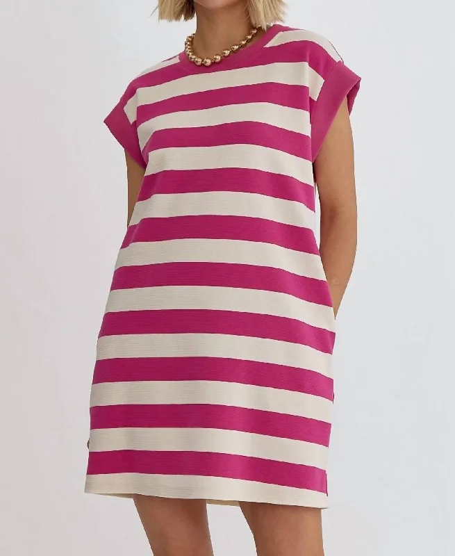 Women's Evening Outfit It All Lines Up Stripe Dress In Hot Pink