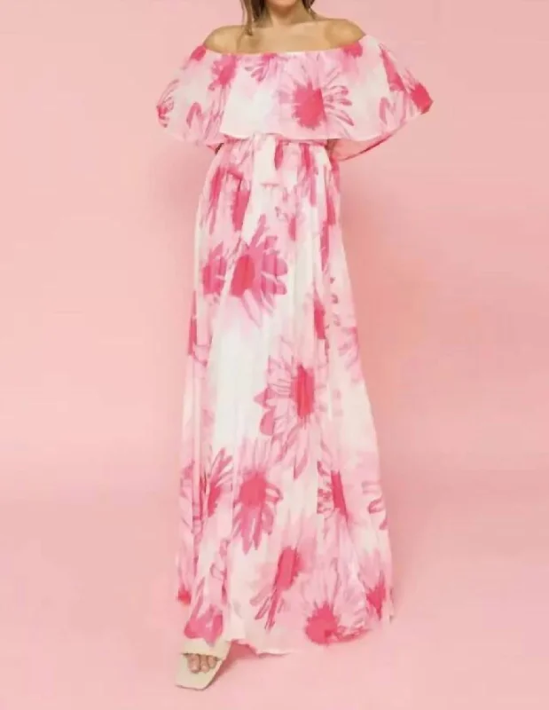 Women's Office Clothing Off Shoulder Pleated Maxi Dress In Pink