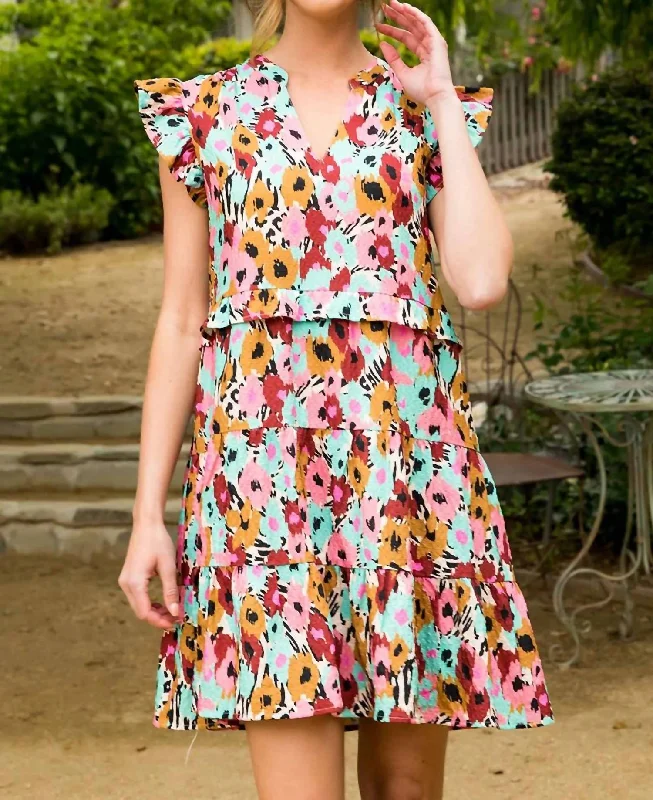 Charming Women's Garments Floral Flutter Sleeve Dress In Pink Multi