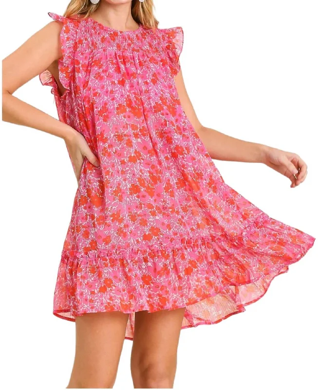 Vibrant Femme Fashion Floral Metallic Flutter Sleeve Dress In Hot Pink