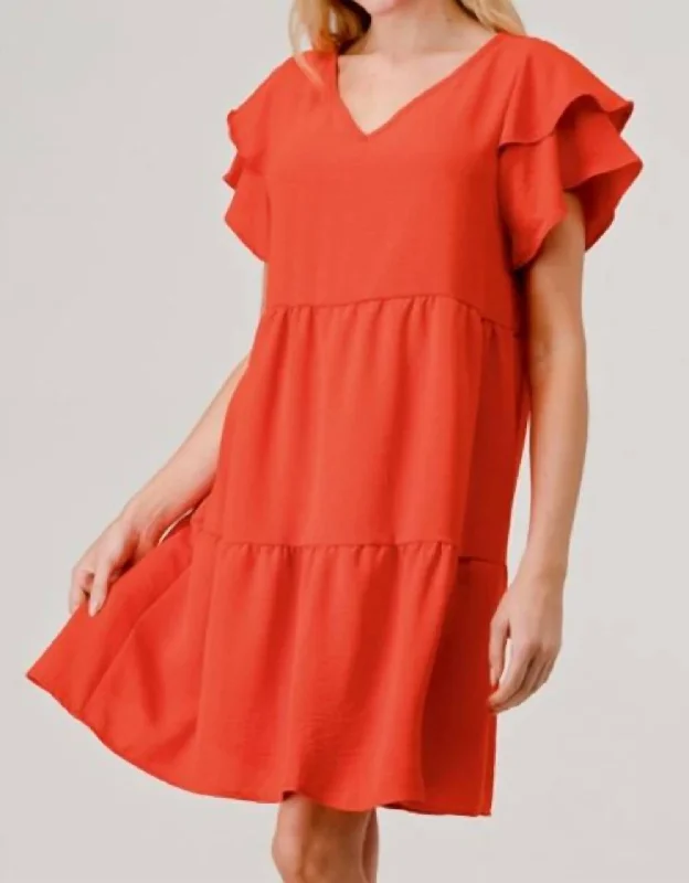 Comfortable Women's Clothes Tiered Flutter Sleeve Dress In Red Orange