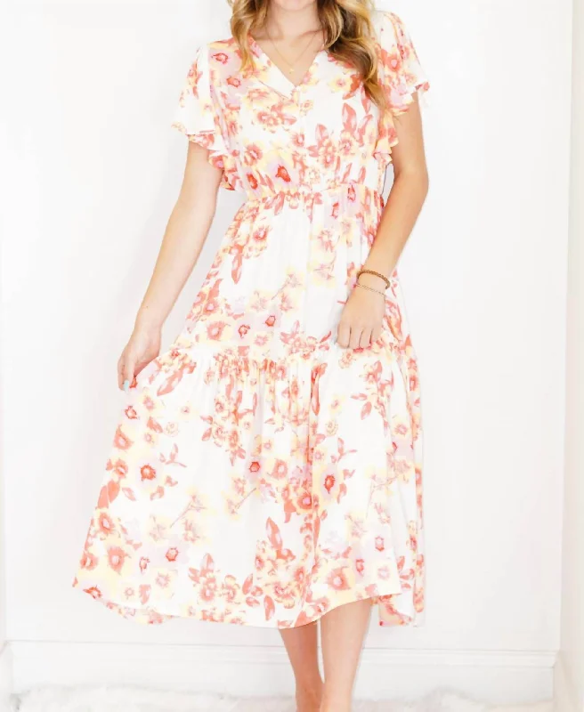 Sophisticated Fashion V-Neck Floral Printed Dress In Coral