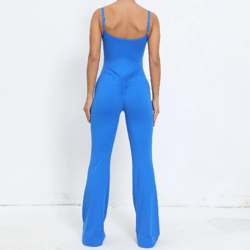 Adjustable shoulder strap flared one-piece yoga suit nude