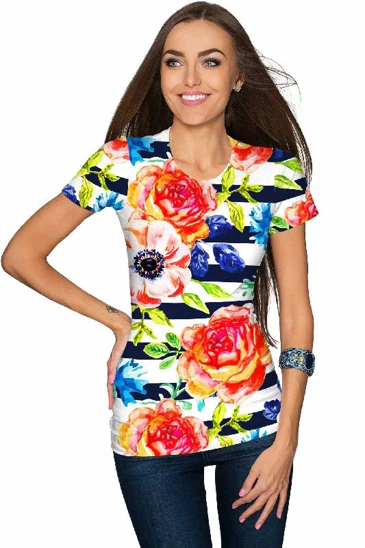 Hey-Sailor! Zoe Striped Floral Print Designer T-Shirt - Women