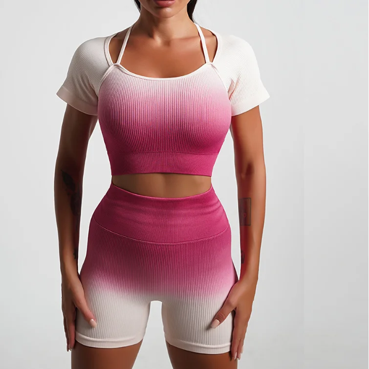 New Arrival Seamless Tight Yoga Suit Short Sleeve Gradient Sports Fitness Stretch Shorts Female 5 Colors