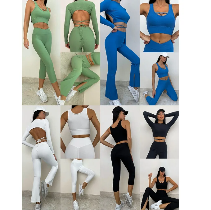 Ribbed sports set drawstring long sleeve yoga dress cross waist yoga pants side open flared pants 5 colors