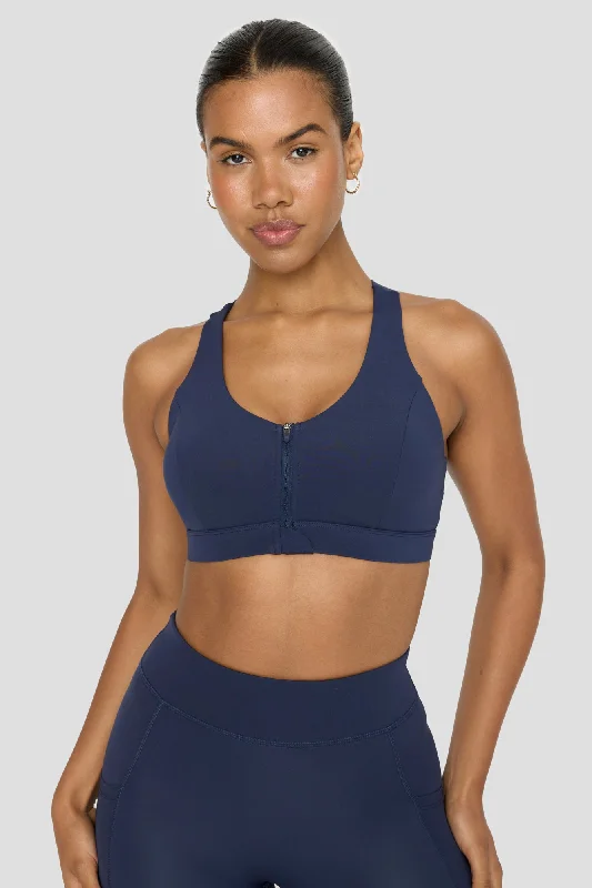 Stretch In Style With Budget-Friendly Yoga Wear FORMTECH ZIP FRONT OPEN BACK SPORTS BRA - NAVY Stretch In Style With Budget-Friendly Yoga Wear FORMTECH ZIP FRONT OPEN BACK SPORTS BRA - NAVY
