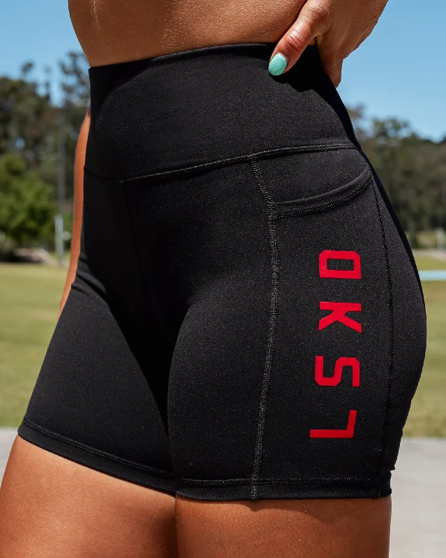 Soft, Supportive Yoga Wear At Unbeatable Savings Rep Mid-Length Shorts - Black-Crimson Soft, Supportive Yoga Wear At Unbeatable Savings Rep Mid-Length Shorts - Black-Crimson
