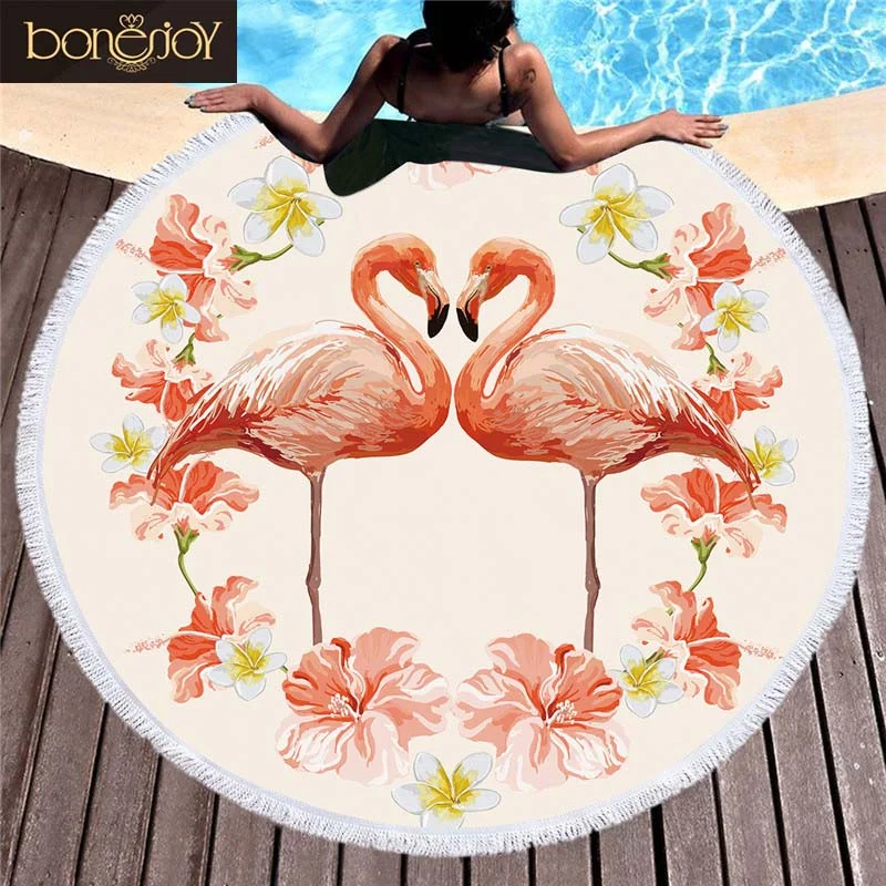 Bonenjoy Colorful Beach Towel Flamingo Pink Printed Round Tassel Yoga Mat