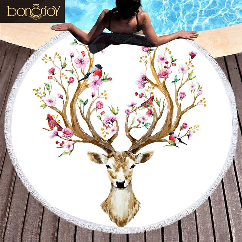 Bonenjoy White Flower Deer Beach Towel Microfiber Tassel Bath Towel For Kid Adult